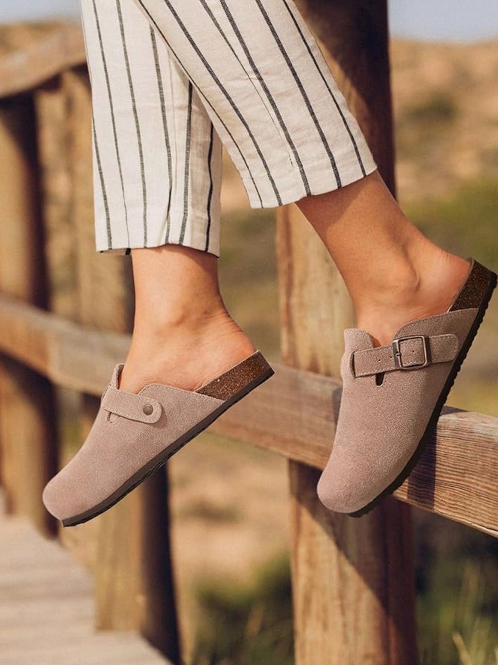 Women's Taupe Suede Slip-On Clogs with Buckle